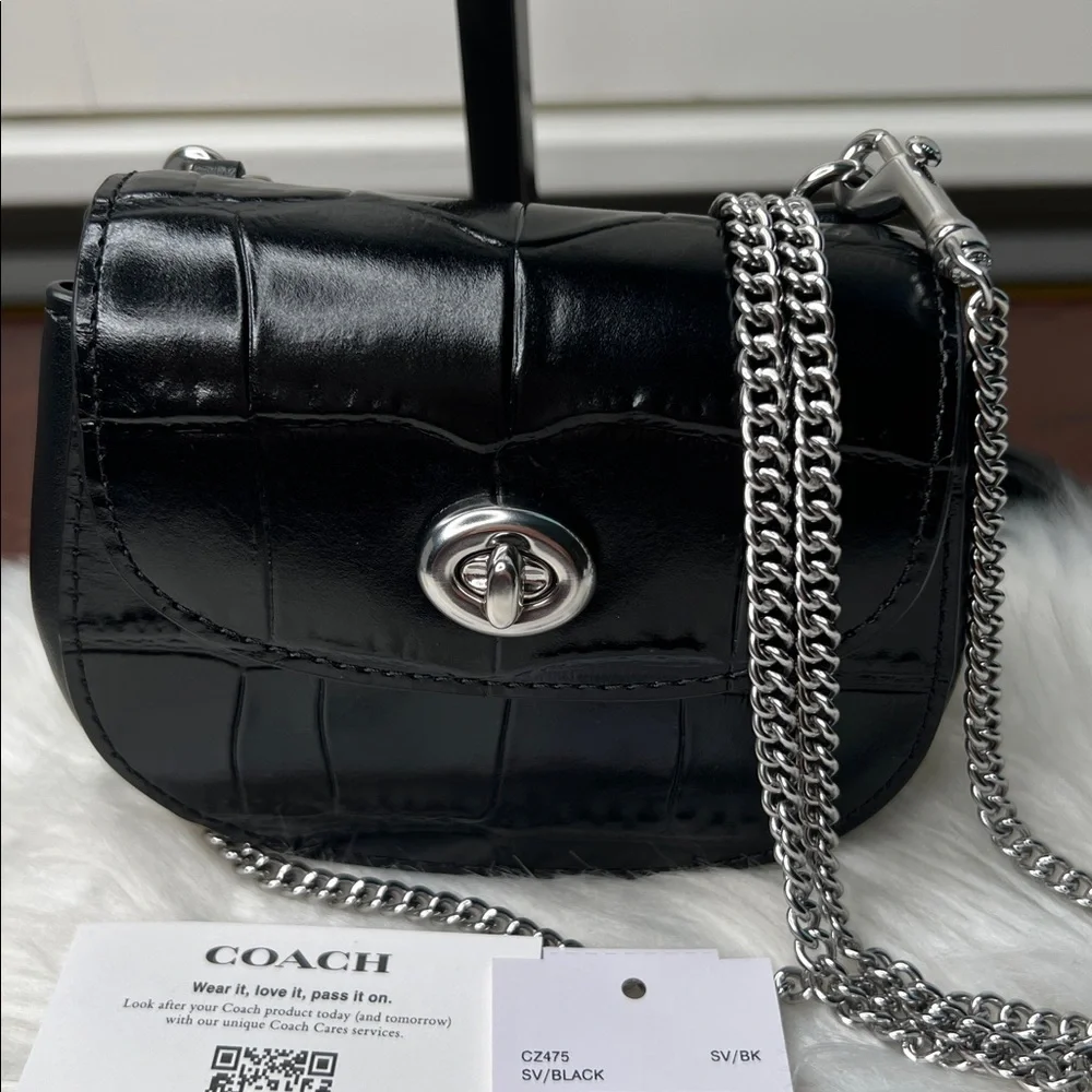 Coach Black Croc Embossed Turnlock Card Case Mini With Chain Bag Retail $228 NWT - Picture 3 of 17